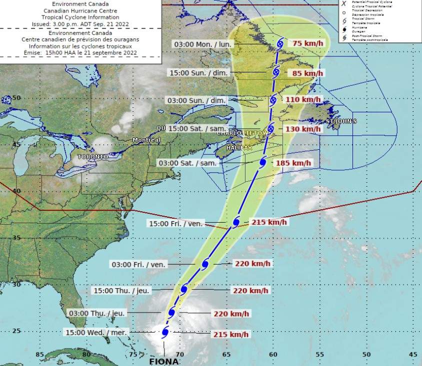 Environment Canada said in a 3 p.m. update the cone of uncertainty with hurricane Fiona is become narrower as it continues to track north.