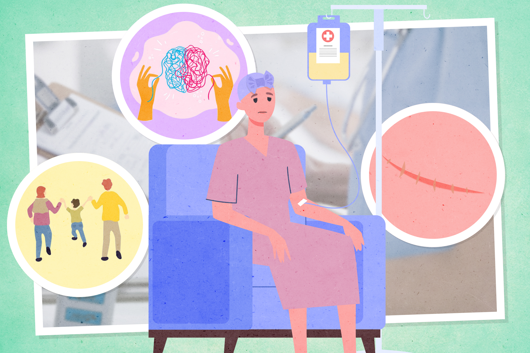 In this illustration a young woman sits in a chemo chair while thought bubbles around her show her fears and anxieties of being diagnosed with cancer