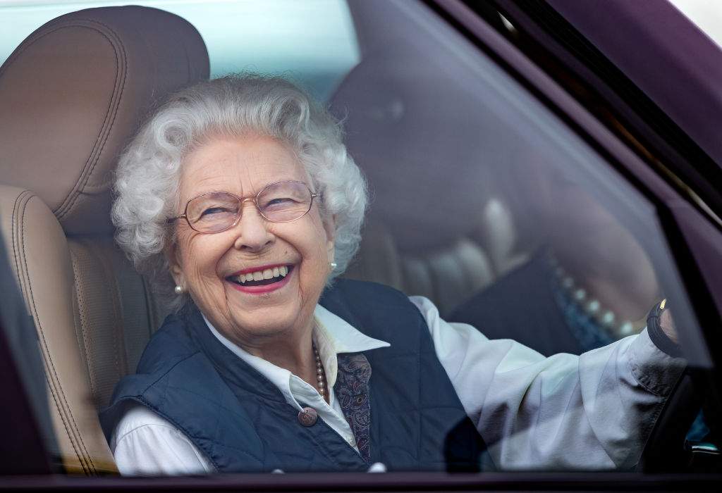 Queen Elizabeth II seen driving her Range Rover car as she attends day 2 of the Royal Windsor Horse Show in Home Park, Windsor Castle on July 2, 2021 in Windsor, England.