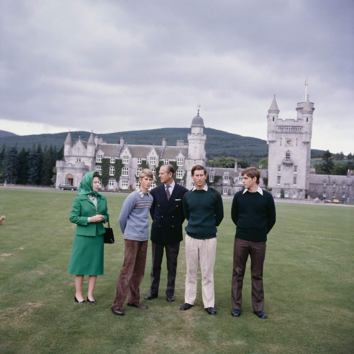 Queen Elizabeth II with Prince Philip, the Duke of Edinburgh (1921 – 2021) and their sons Prince Edward (second from left), Prince Charles (second from right) and Prince Andrew (right) in the grounds of Balmoral Castle in Scotland, UK, 20th September 1979.