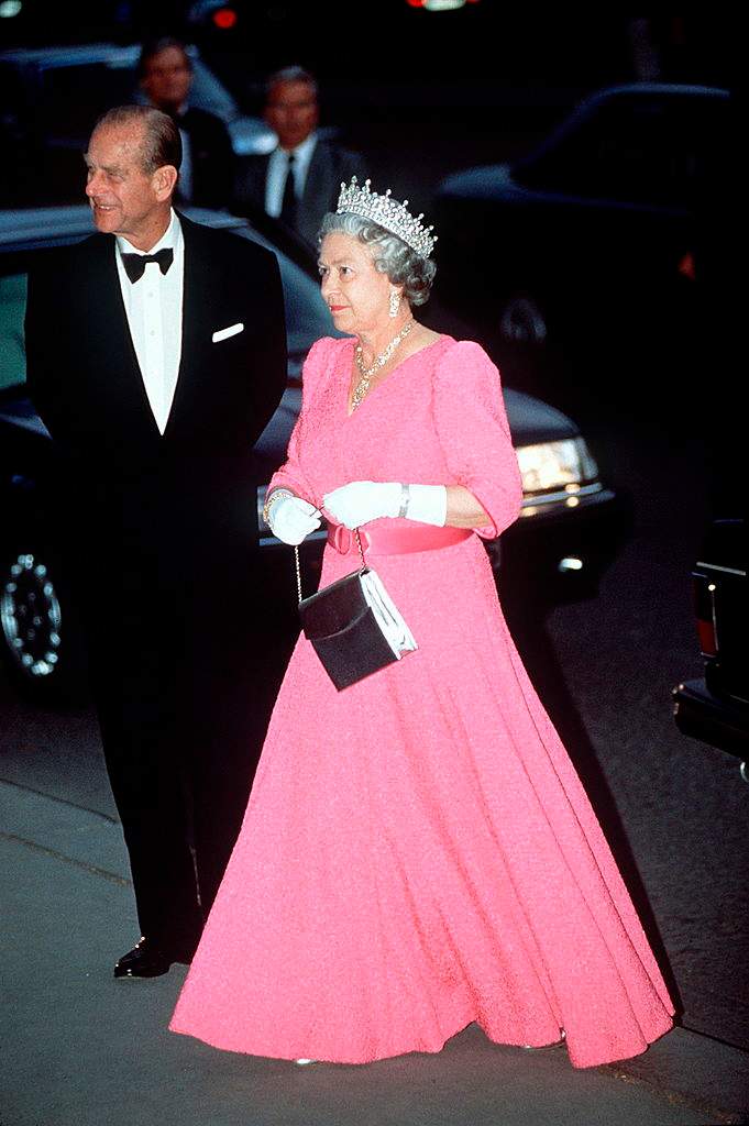 The Queen And Prince Philip arrive for a banquet dinner on a trip to Hungary in 1993.