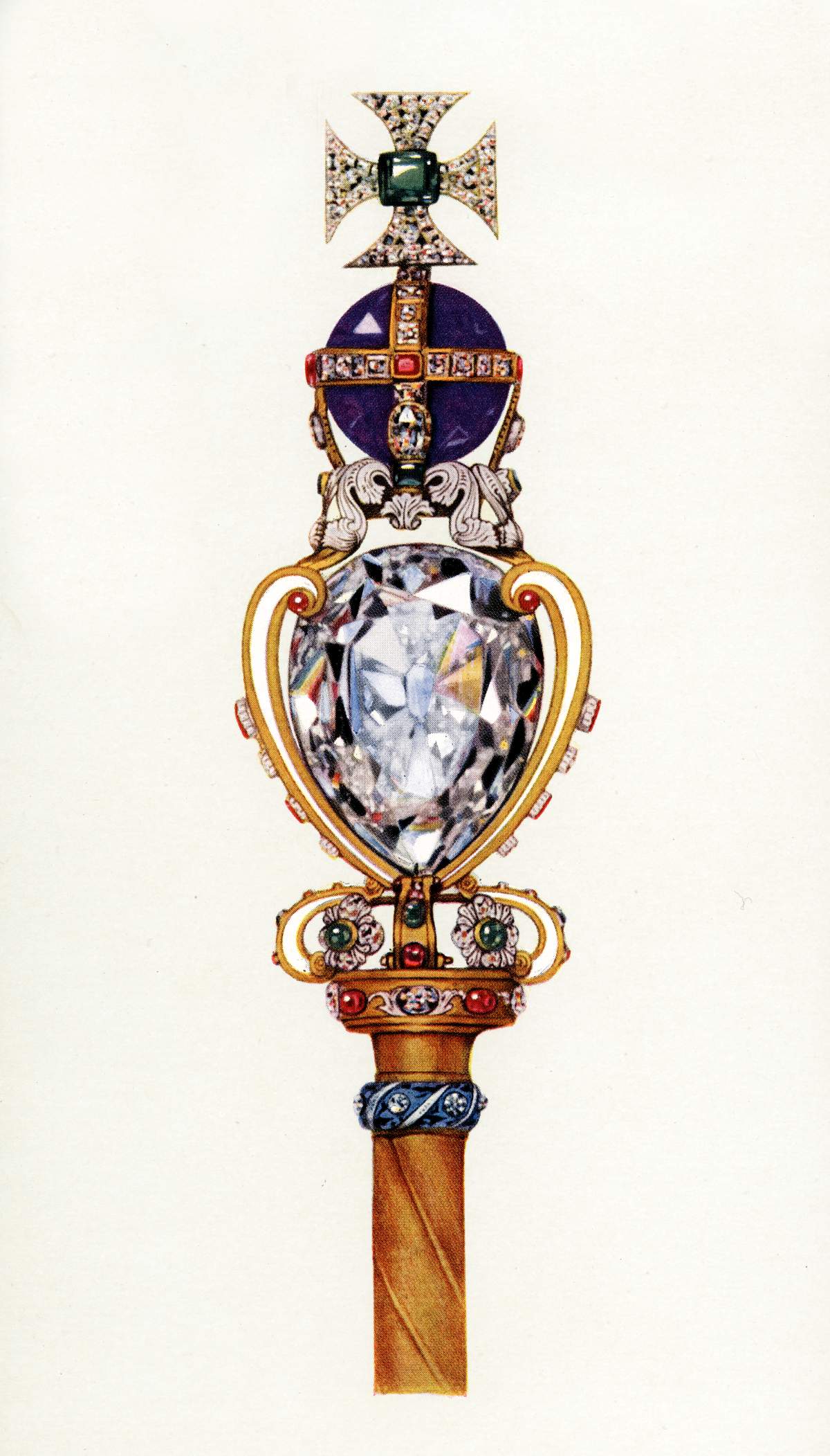 The King's Royal Scepter, part of the Crown Jewels of England (chromolithograph), 1919. The sceptre features Cullinan I, known as the Great Star of Africa, the largest cut clear diamond in the world.