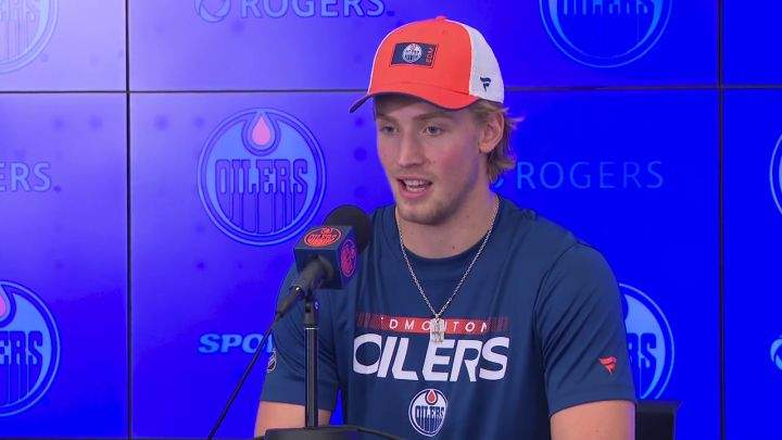 Dylan Holloway speaks to reporters at Rogers Place on Sept. 14, 2022.