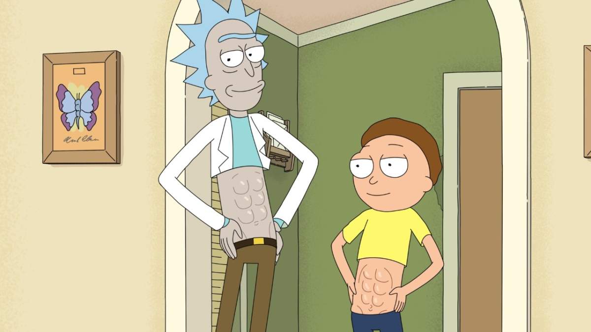Teaser image for Rick and Morty' season six with the titular characters wearing crop tops that show off washboard abs.