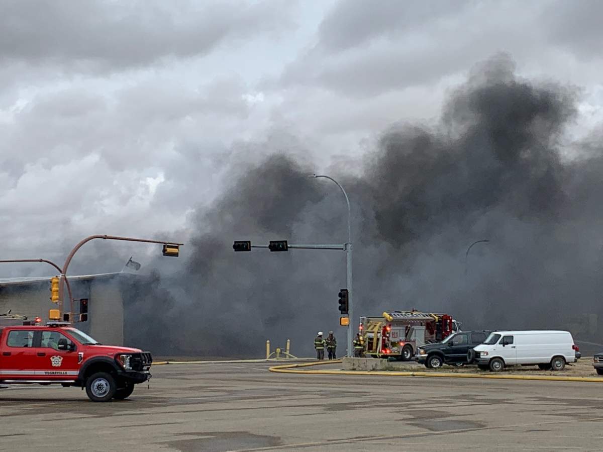 A large fire at Full Throttle Truck & Trailer Repair in Vegreville, Alta. on Monday, Sept. 19, 2022.