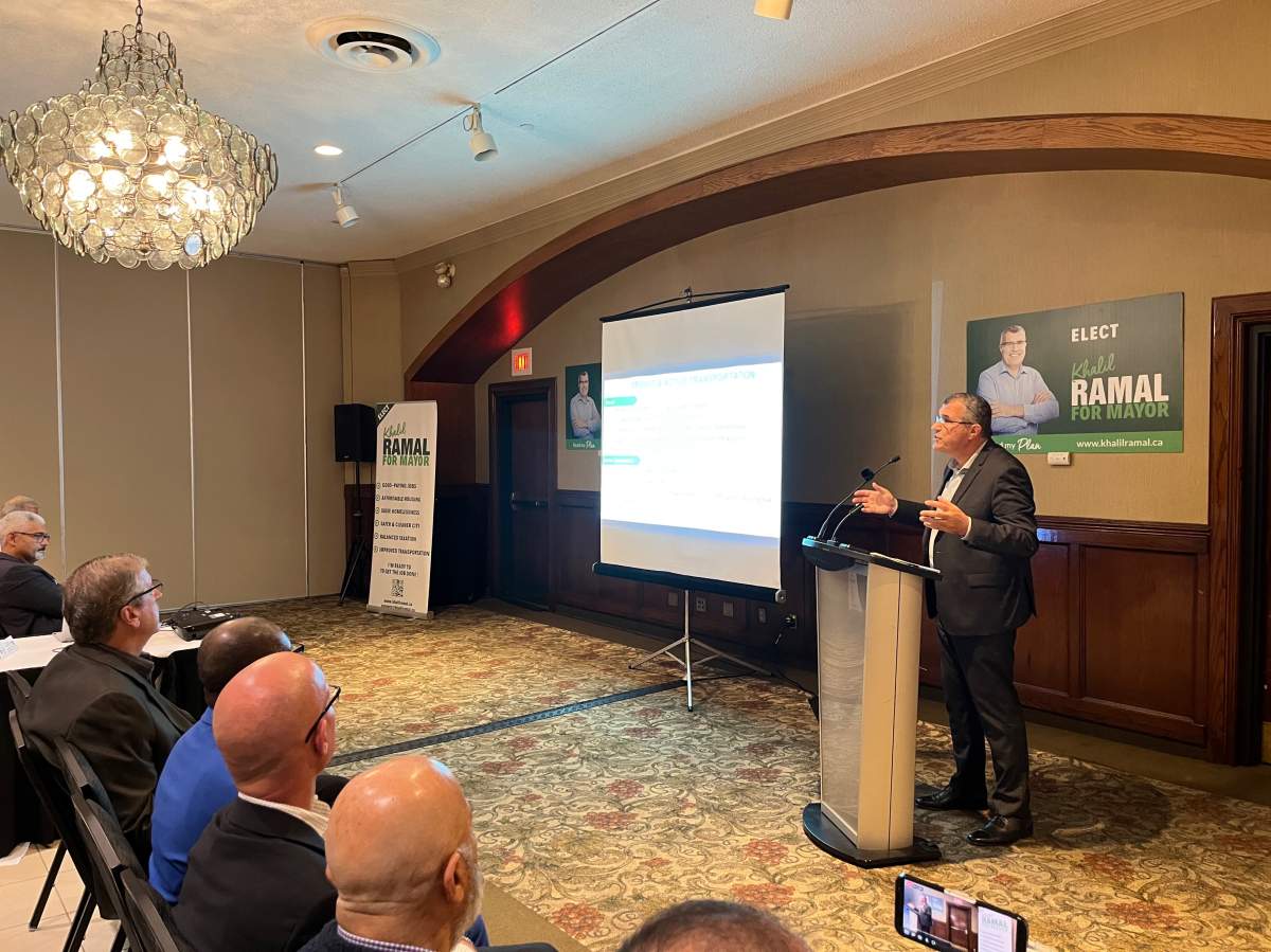 Mayoral candidate Khalil Ramal addresses dozens of supporters inside the Best Western Plus Lamplighter Inn and Conference Centre during a platform unveiling on Tuesday.