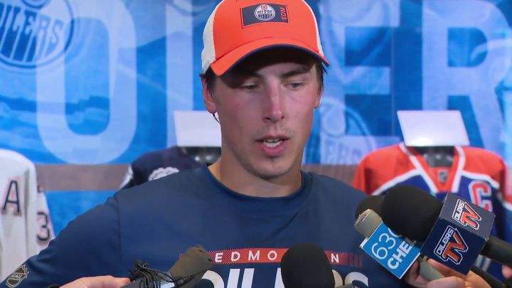 Oilers forward Ryan Nugent-Hopkins speaks to reporters in Edmonton on Sep. 12, 2022.