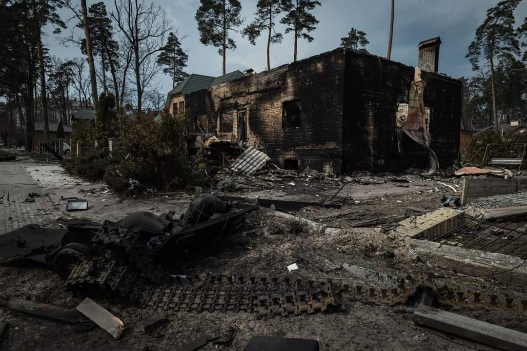 Olga Myrochuk’s neighbourhood in the city of Irpin, after it was destroyed by Russian shelling.
