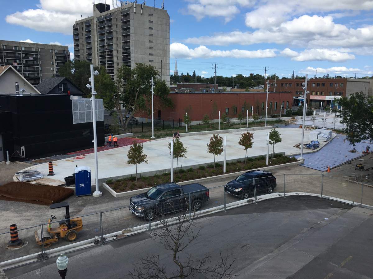 The urban park in the former Louis Street parking in Peterborough, Ont., seen here in October prior to completion.