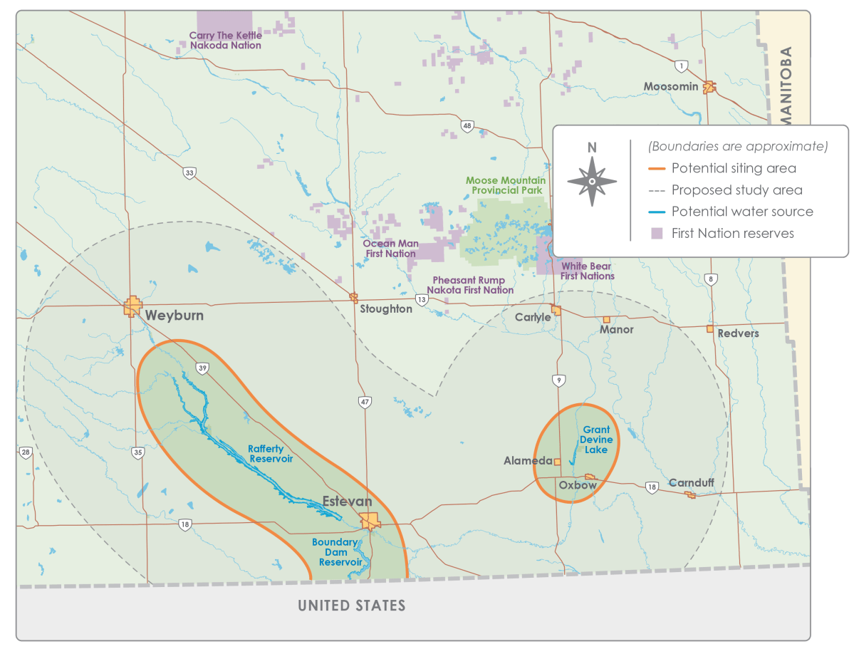 Map shows potential SMR sites around Estevan.