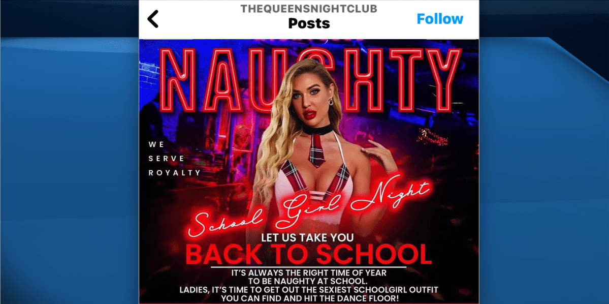 Screenshots from the Queens Night Club Barrie Instagram page for ‘Naughty School Girl Night,’ as seen on Sept. 15.