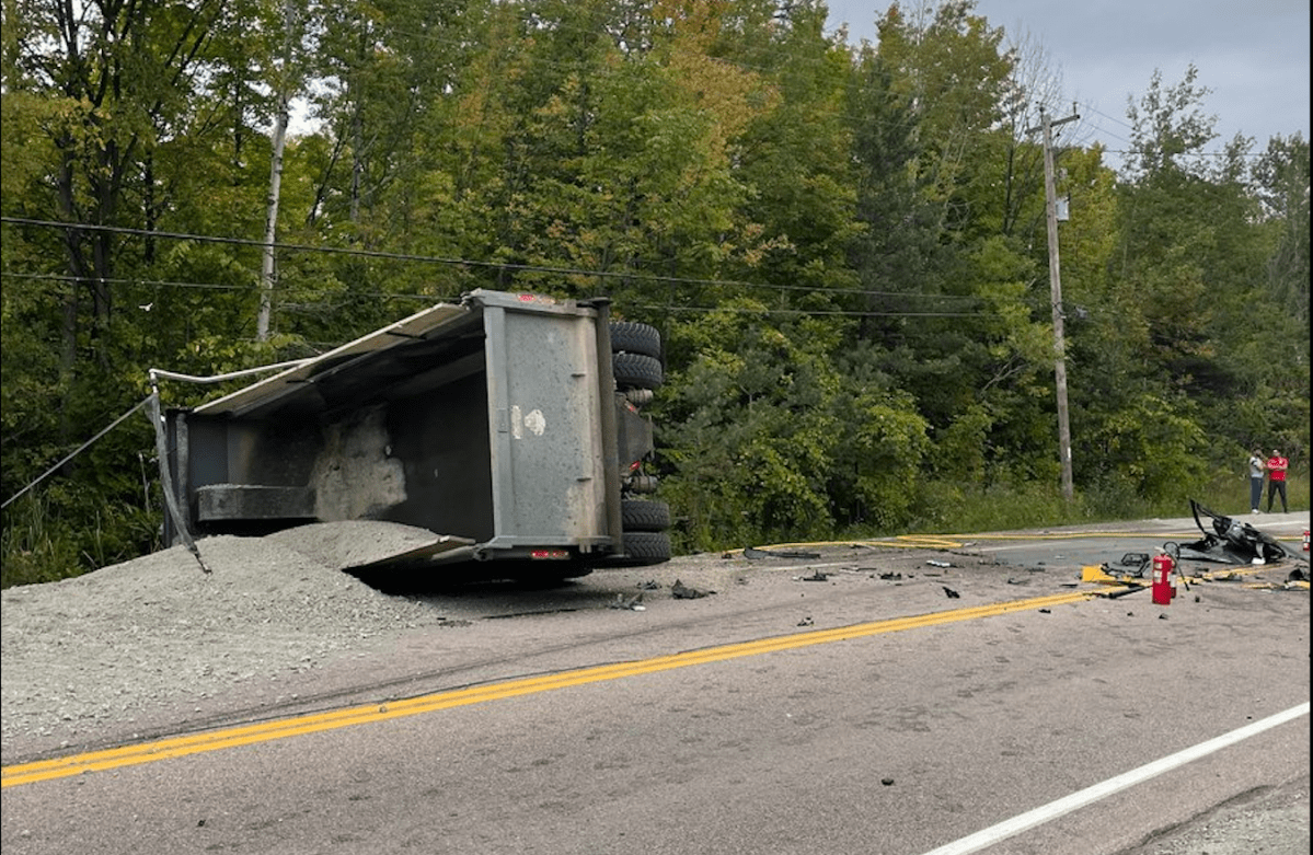 Highway 12 closed both directions between Gratrix Road and Fraser Road in Tay Township for serious pickup vs dump truck crash.