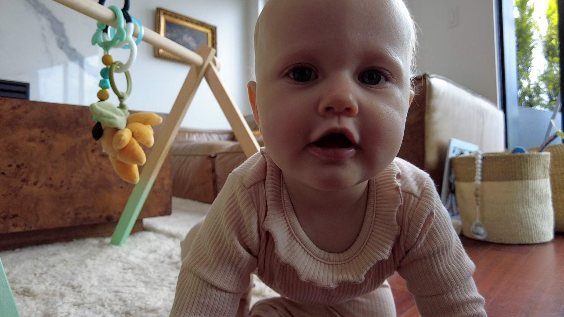 A baby crawls towards the camera