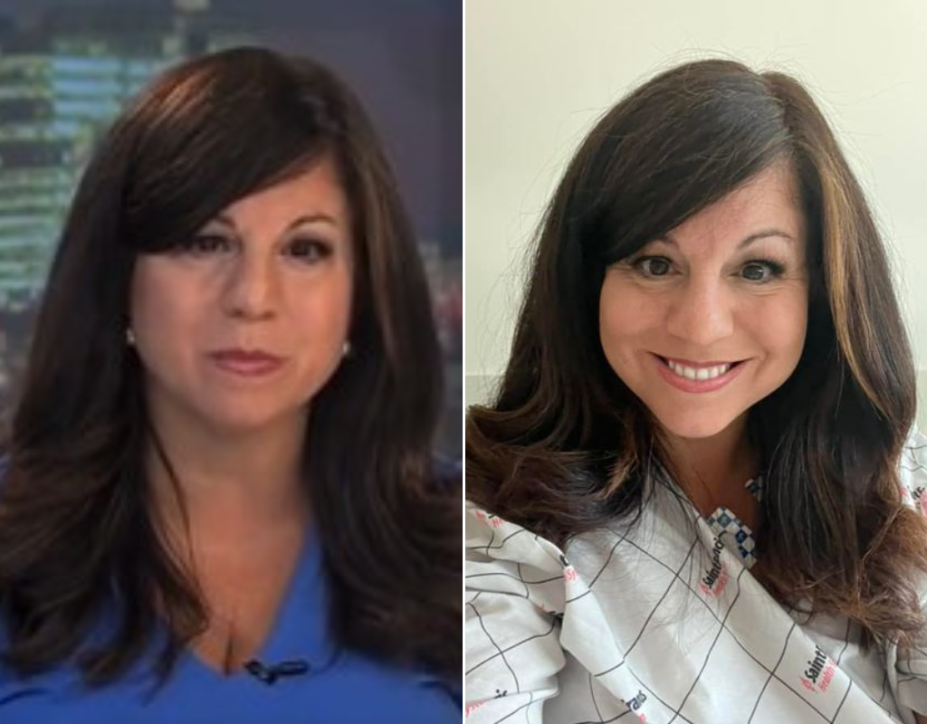 Julie Chin appears in a side-by-side composite photo. One picture is a screengrab while she reports the news, the other photo is a selfie shared from the hospital.