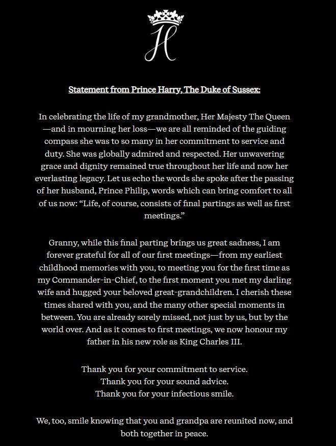 The statement shared by Prince Harry to the Archwell website, paying tribute to his late grandmother.
