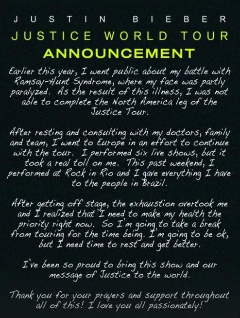 Justin Bieber shared with fans that he will postpone the rest of his Justice World Tour dates to focus on his health.