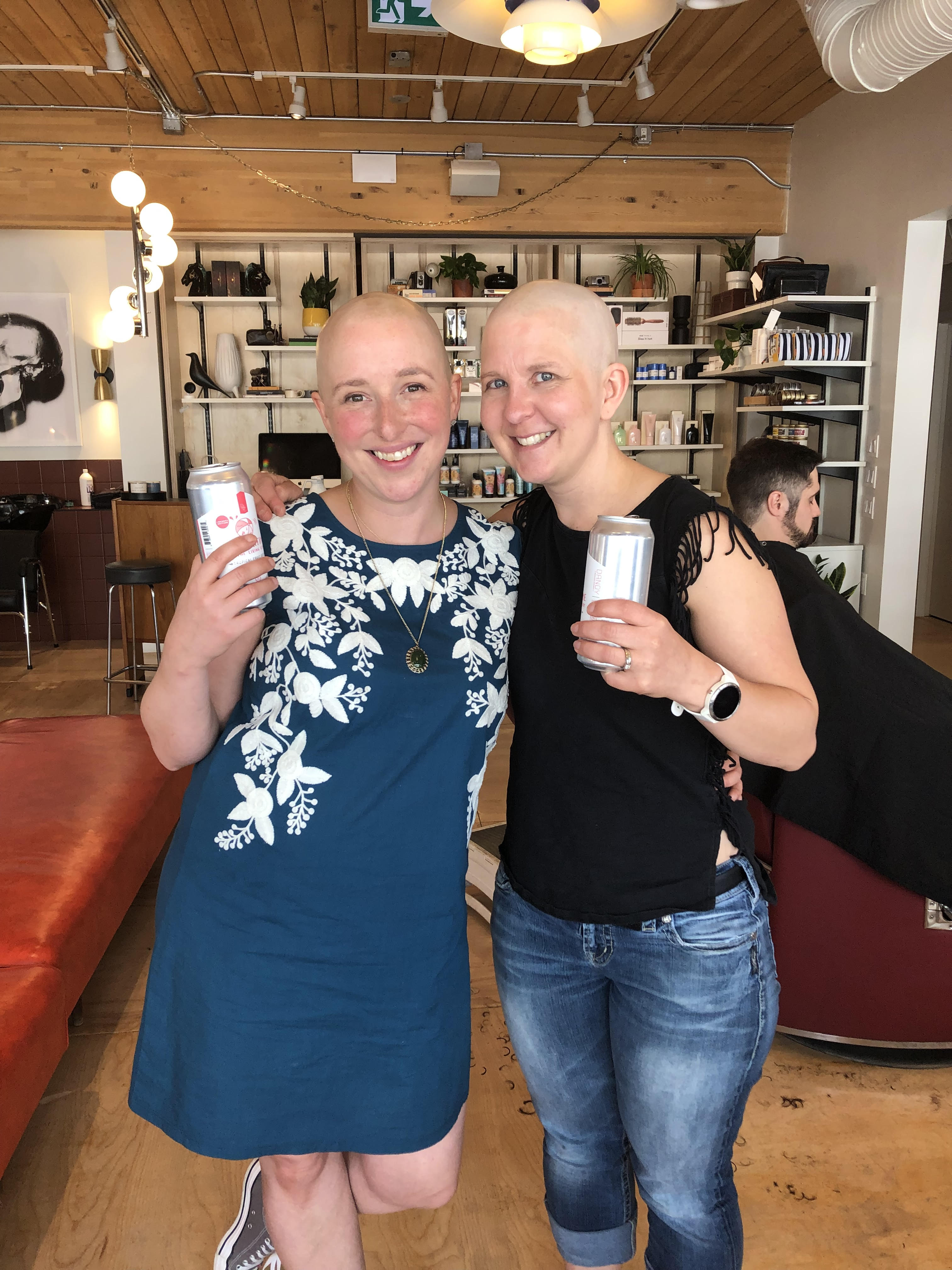 Kerri, also a young woman with breast cancer, and I went and got our heads shaved at a barber to celebrate the end of our chemotherapy treatments in the summer of 2019.