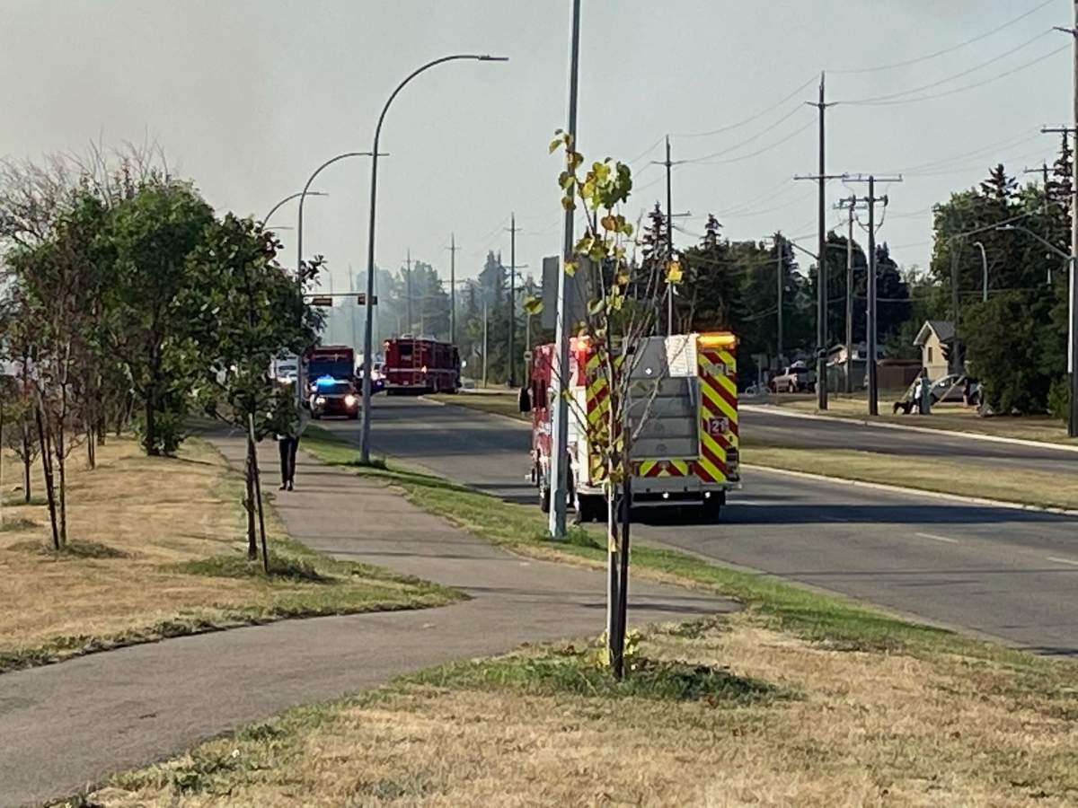 Fire crews battle blaze at a building in the area of 95 Avenue and 49 Street Monday, Sept. 12, 2022.