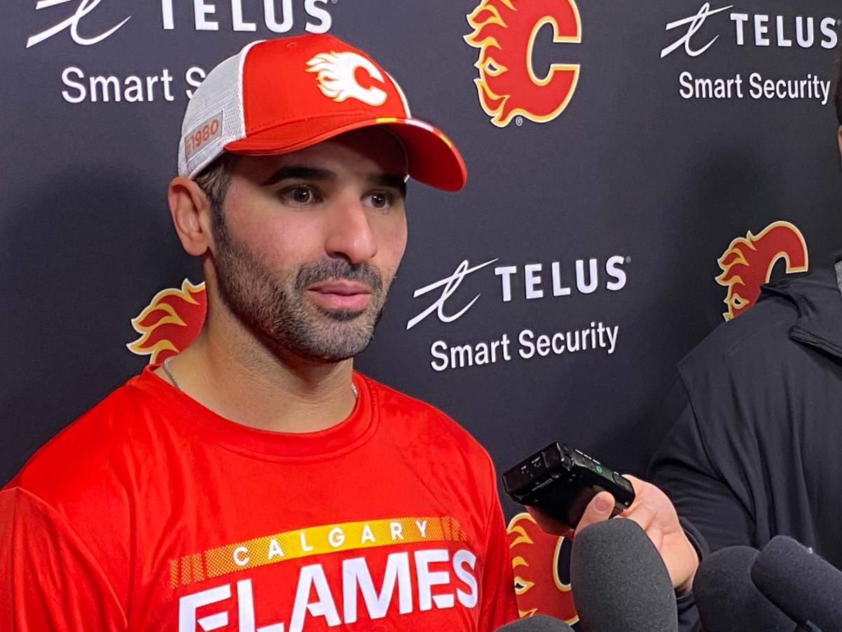 Forward Nazem Kadri speaks at Calgary Flames training camp Thursday, Sept. 22, 2022.