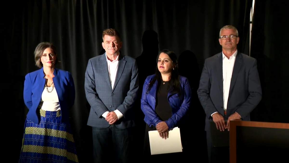 (L-R) UCP leadership candidates Leela Aheer, Brian Jean, Rajan Sawhney and Travis Toews come together on Sept. 8, 2022 to dispute the sovereignty act their fellow candidate, Danielle Smith has proposed.