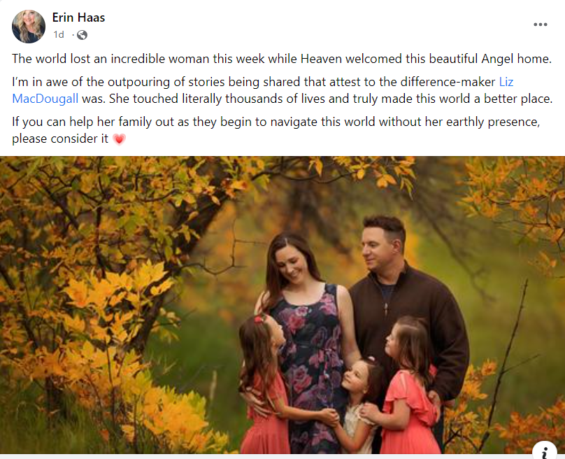 Support on social media for Liz MacDougall who died aged 45. She was fighting a mighty battle with breast cancer that took her life while on vacation in Hawaii with her family.