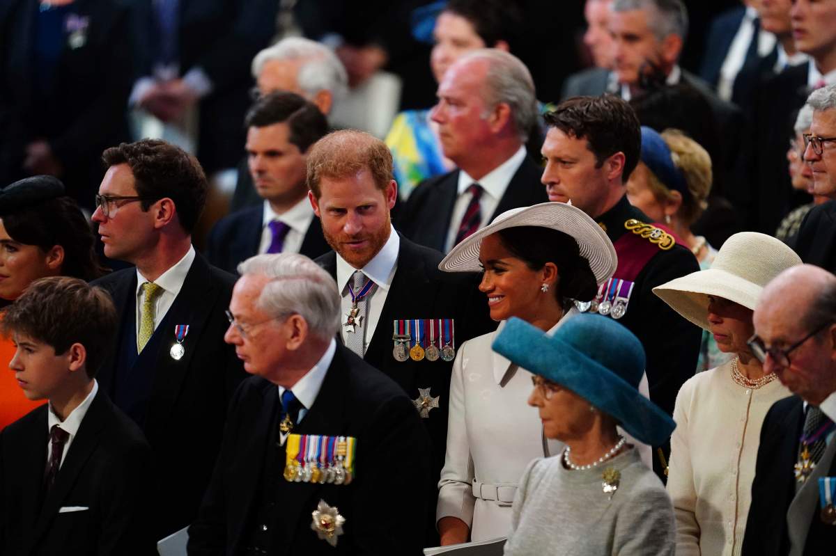 Prince Harry and Meghan, Duchess of Sussex attend the National Service of Thanksgiving held at St Paul’s Cathedral as part of celebrations marking the Platinum Jubilee of Britain’s Queen Elizabeth II, in London, Friday, June 3, 2022.