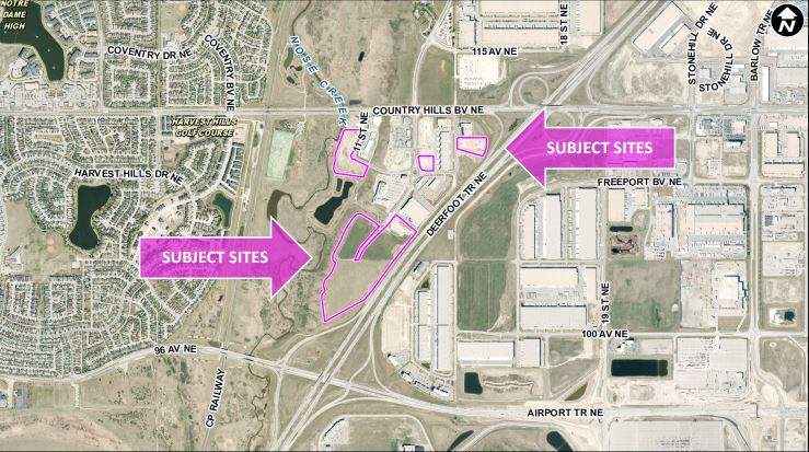The four properties near Nose Creek included in the land-use redesignation application to Calgary city council.
