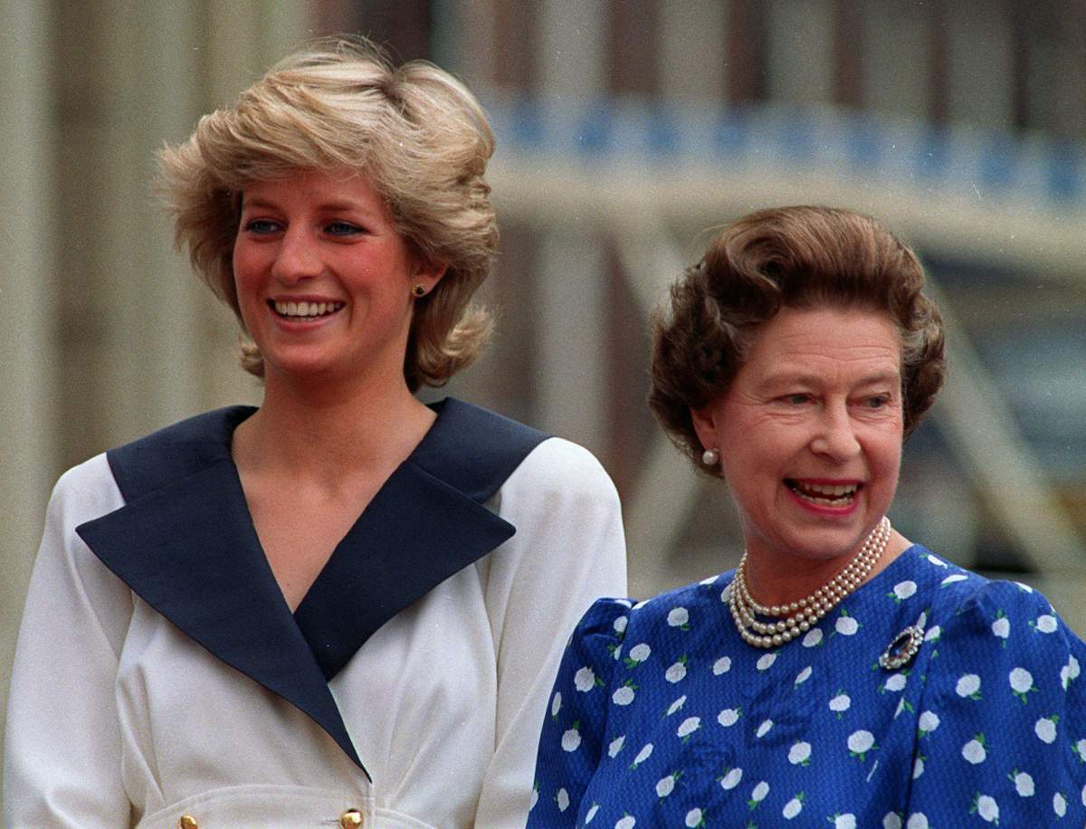 Britain’s Queen Elizabeth, right, and Diana, Princess of Wales, smile to well-wishers outside Clarence House in London, in this Aug. 4, 1987 file photo. The Queen celebrates her 80th birthday on April 21, 2006.