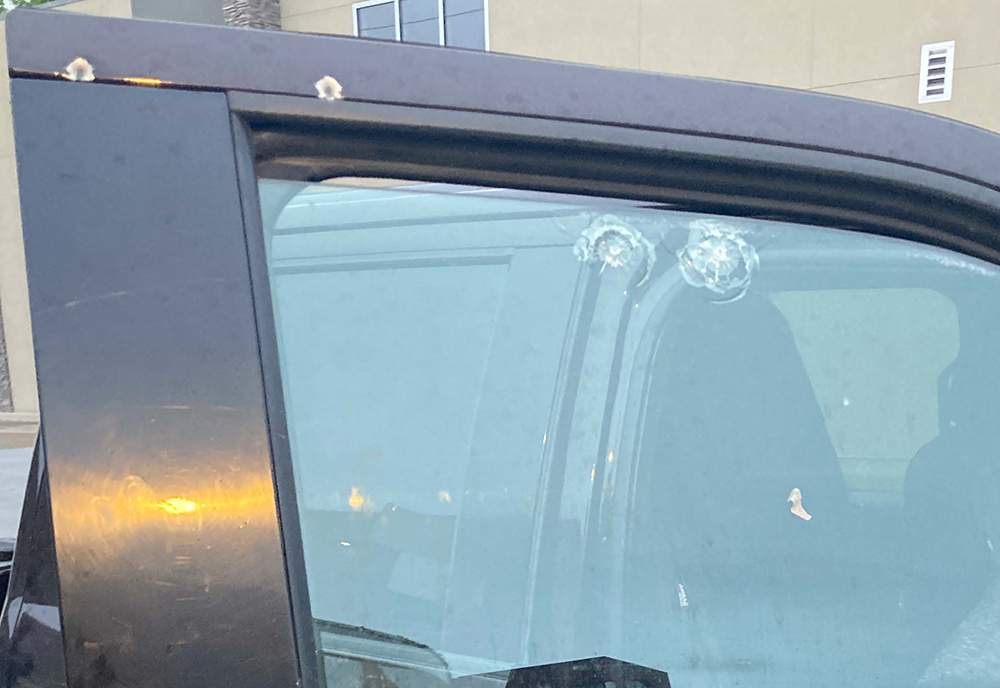 A suspect shot at this vehicle in Dauphin, Man., last week.