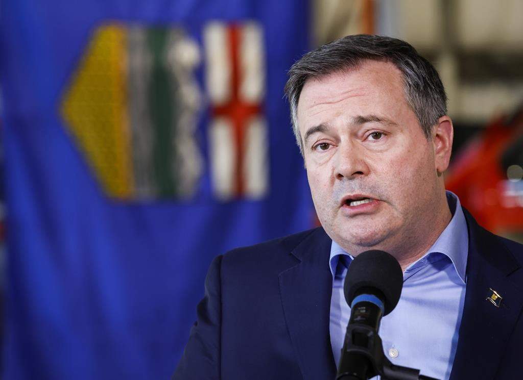 Former Alberta premier Jason Kenney provides details on sustainable helicopter air ambulance funding in Calgary, Alta., Friday, March 25, 2022. 