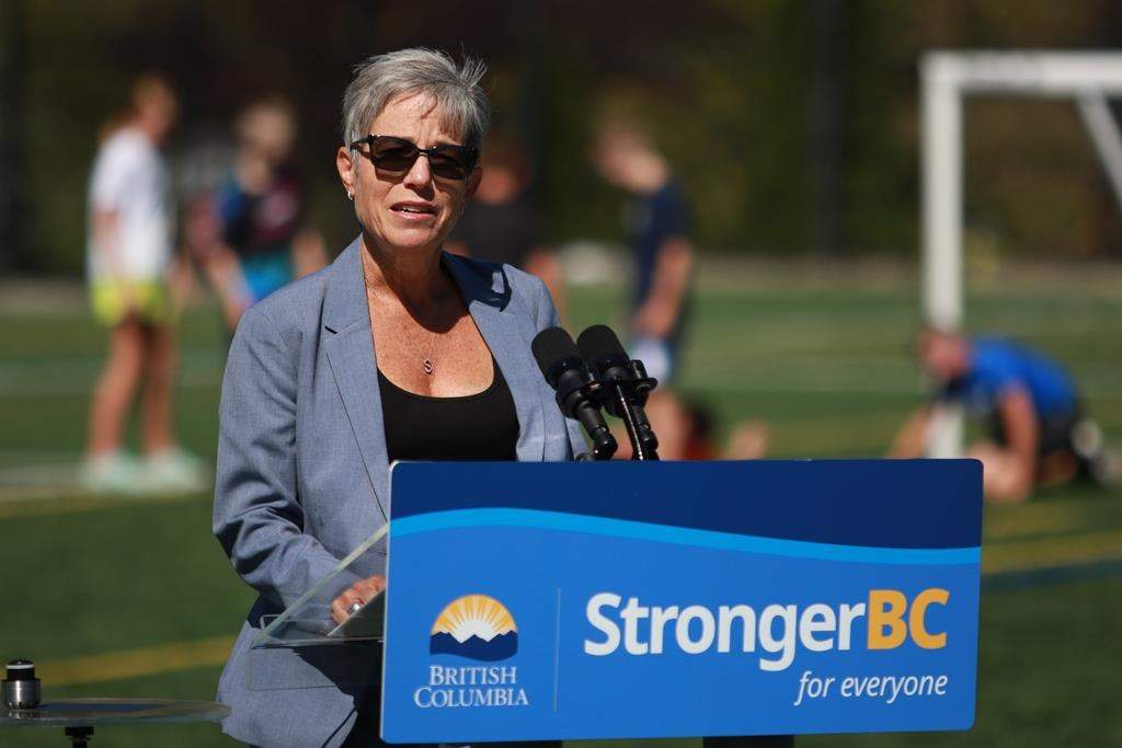 Finance Minister Selina Robinson speaks during a press conference at Goudy Field in Langford, B.C., on Wednesday, Sept. 7, 2022. The British Columbia government is bringing in new laws to replace the outdated Mortgage Brokers Act as it follows recommendations from an inquiry into money laundering. THE CANADIAN PRESS/Chad Hipolito.