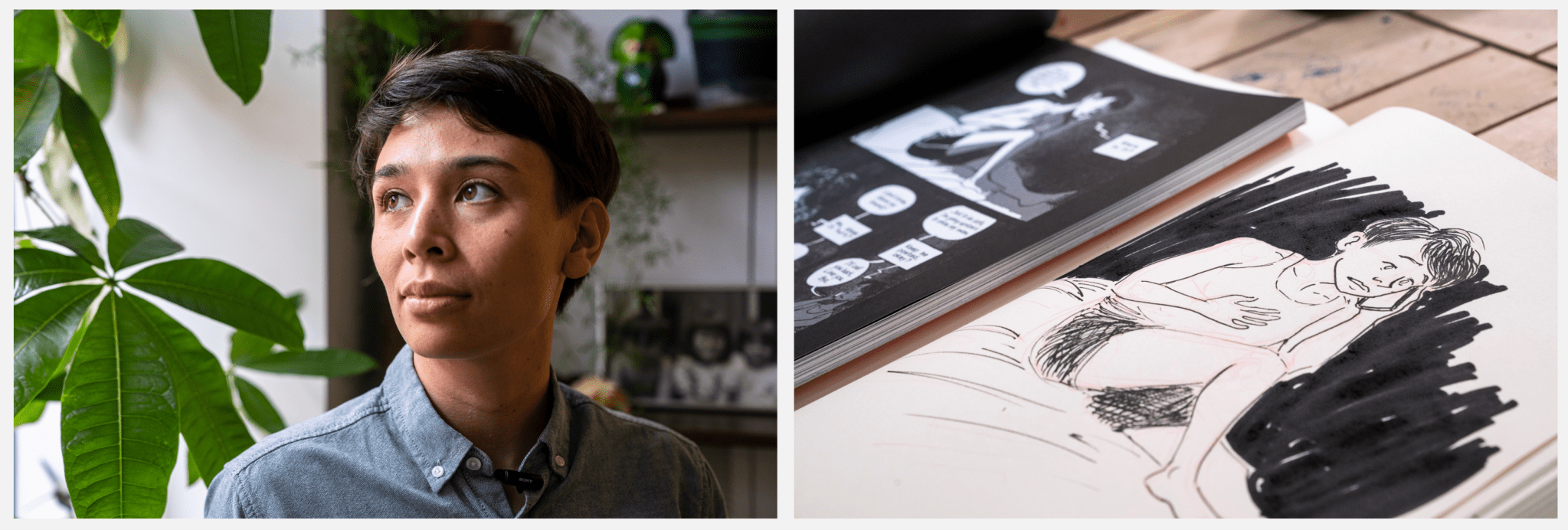 (Left) Kimiko Tobimatsu looks out the window at her home. (Right) An illustration of Kimiko by artist Keet Geniza, next to an open copy of ‘Kimiko Does Cancer.'