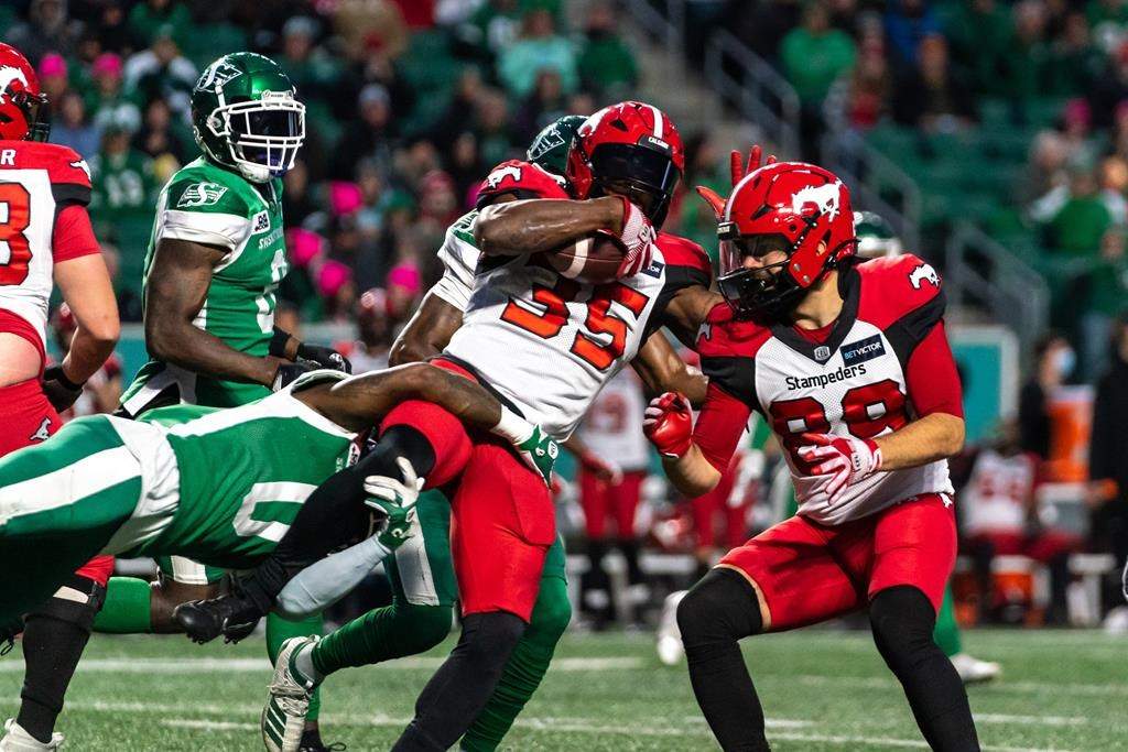 Calgary Stampeders running back Ka'Deem Carey (35) runs the football against the Saskatchewan Roughriders during the first half of CFL football action in Regina on Saturday, October 22, 2022. THE CANADIAN PRESS/Heywood Yu.