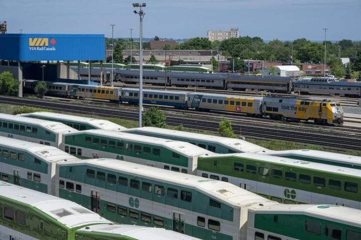 Idle GO trains are shown in Toronto on Tuesday June 30, 2020. THECANADIAN PRESS/Frank Gunn