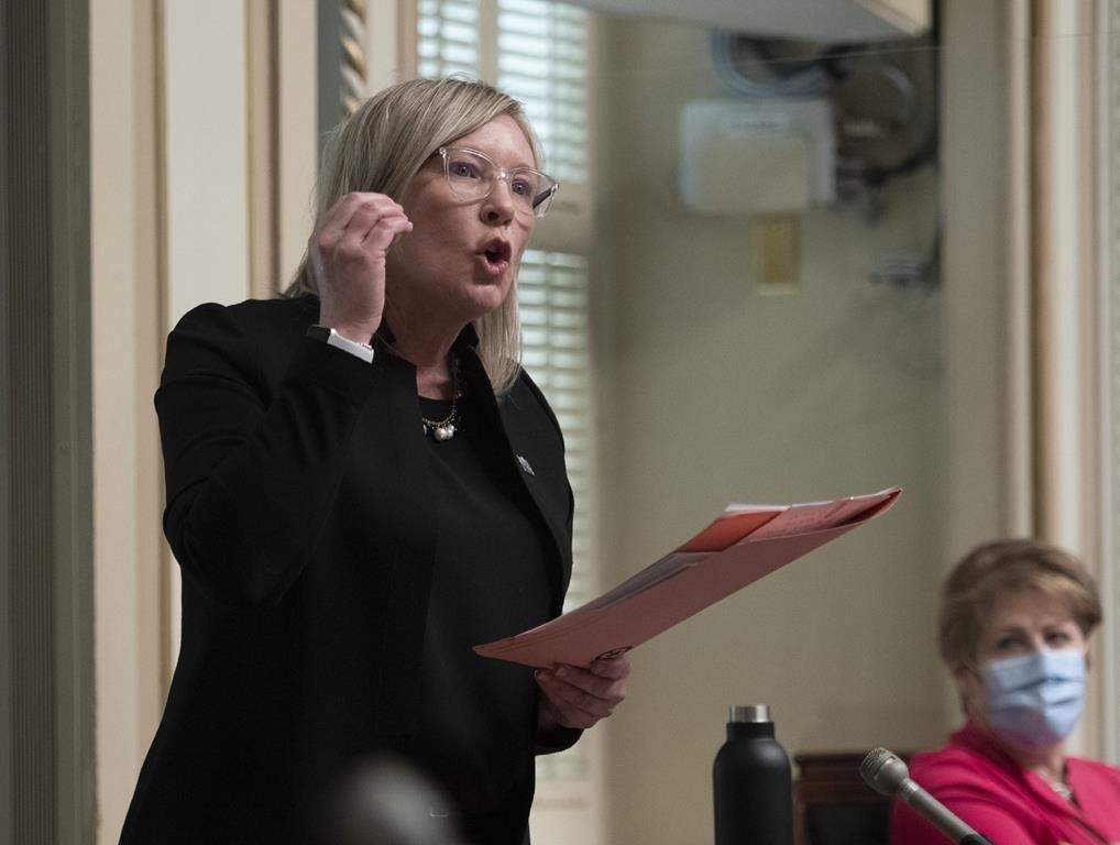 Quebec Liberal MNA Marie-Claude Nichols speaks, during question period Tuesday, March 23, 2021 at the legislature in Quebec City. Caucus chair Enrico Ciccone said in a terse statement this afternoon that Nichols, who represents the Montreal-area riding of Vaudreuil, has been kicked out of the party caucus.