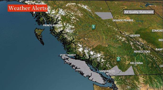 A map showing the areas that are under a special air quality statement.