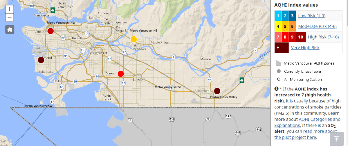 Air Quality Health Index readings in the Vancouver area as of noon on Wednesday.