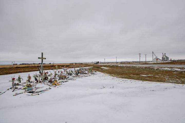A memorial for the fatal bus crash involving the Humboldt Broncos hockey team at the intersection of Highways 35 and 335 near Tisdale, Tuesday, October 27, 2020.