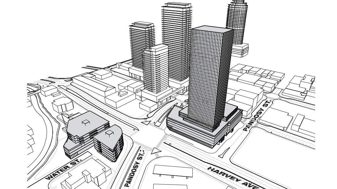 A drawing showing a 40-storey tower along Harvey Avenue in downtown Kelowna, and a six-storey building across the road.