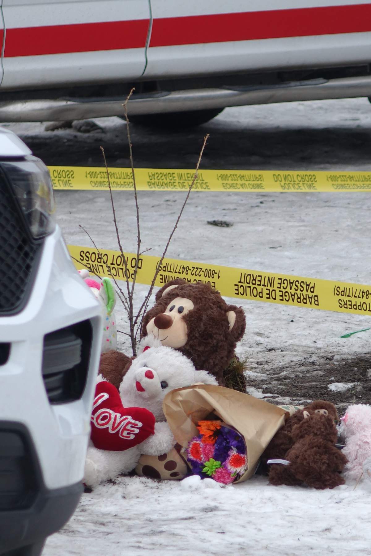 A shrine of stuffed animals and flowers outside a Thompson duplex where an Oct. 26 fire killed four children aged four to 10.