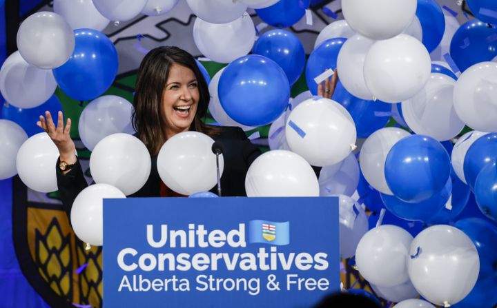 Danielle Smith celebrates after being chosen as the new leader of the United Conservative Party and next Alberta premier in Calgary, Alta., Thursday, Oct. 6, 2022.