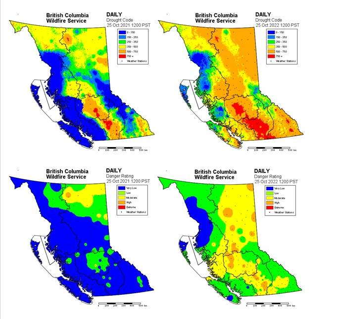Drought code and wildfire danger rating maps for B.C. showing the difference in conditions this year compared to 2021. The maps on the left show conditions on Oct. 25, 2021. The maps on the right show conditions on Oct. 25, 2022.