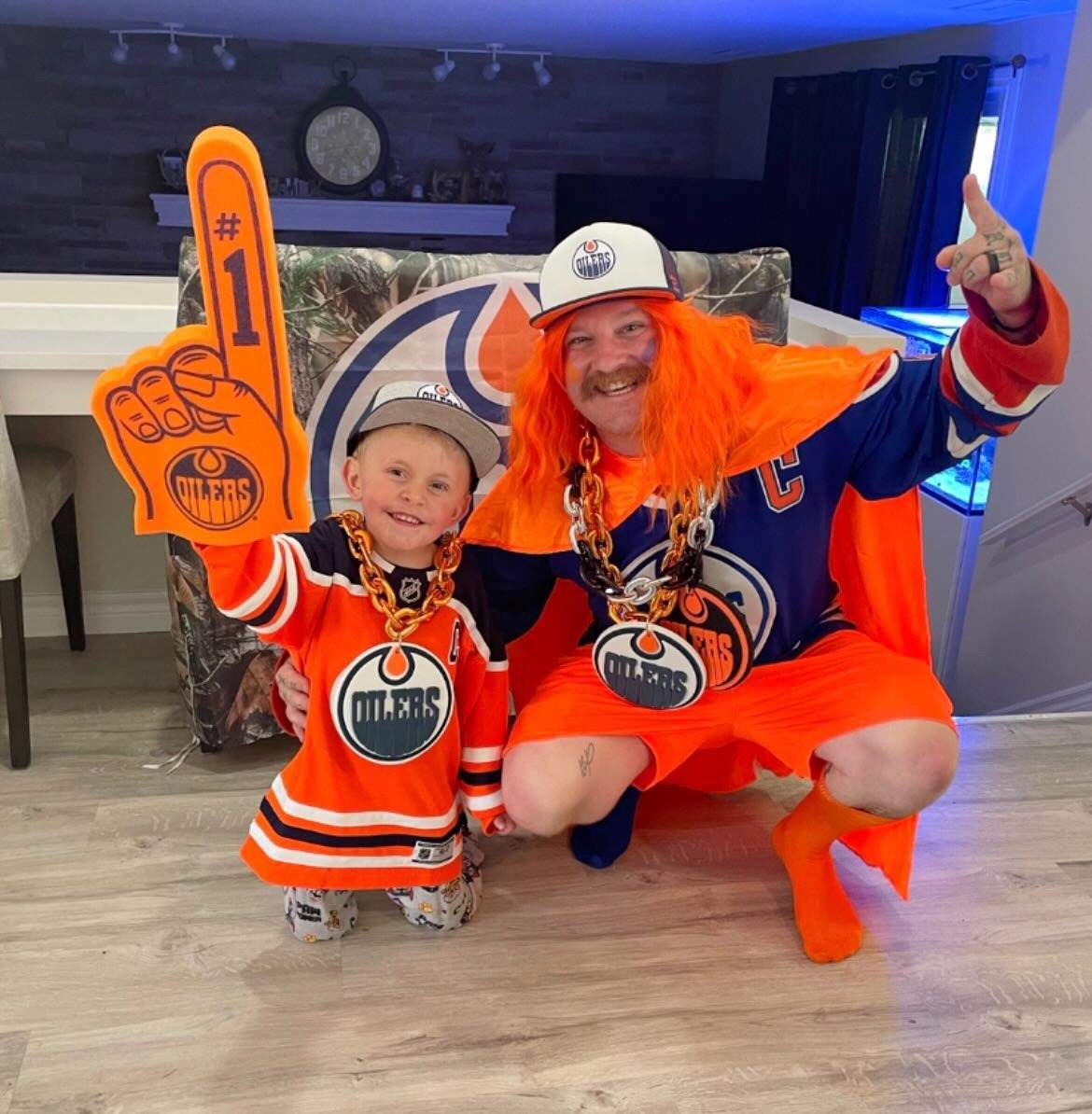 Easton Oetting and his dad, DJ, during the Edmonton Oilers 2022 playoff run.