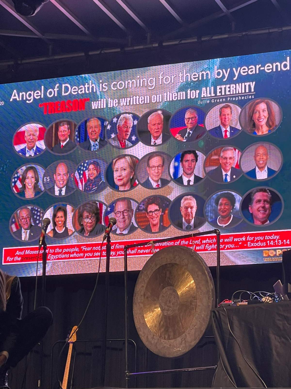 Prime Minister Justin Trudeau’s face is included among dozens of U.S. politicians and media personalities during a presentation by Bo Polny at the “Great Awakening” Christian nationalist conference in Mannheim, Penn., on Oct. 21, 2022.