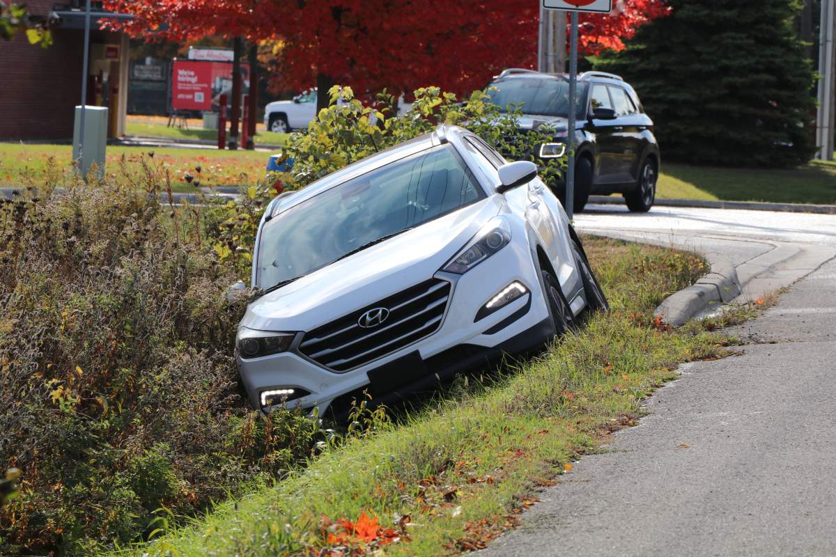 Port Hope police say this vehicle crashed into a ditch as a suspect attempted to evade officers following a reported robbery at a pharmacy on Oct. 18, 2022.