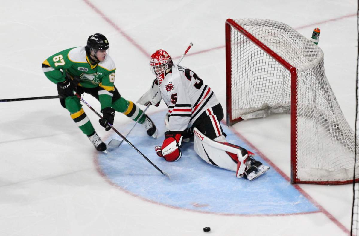 Luca Testa of the London Knights has a chance in close to the net.