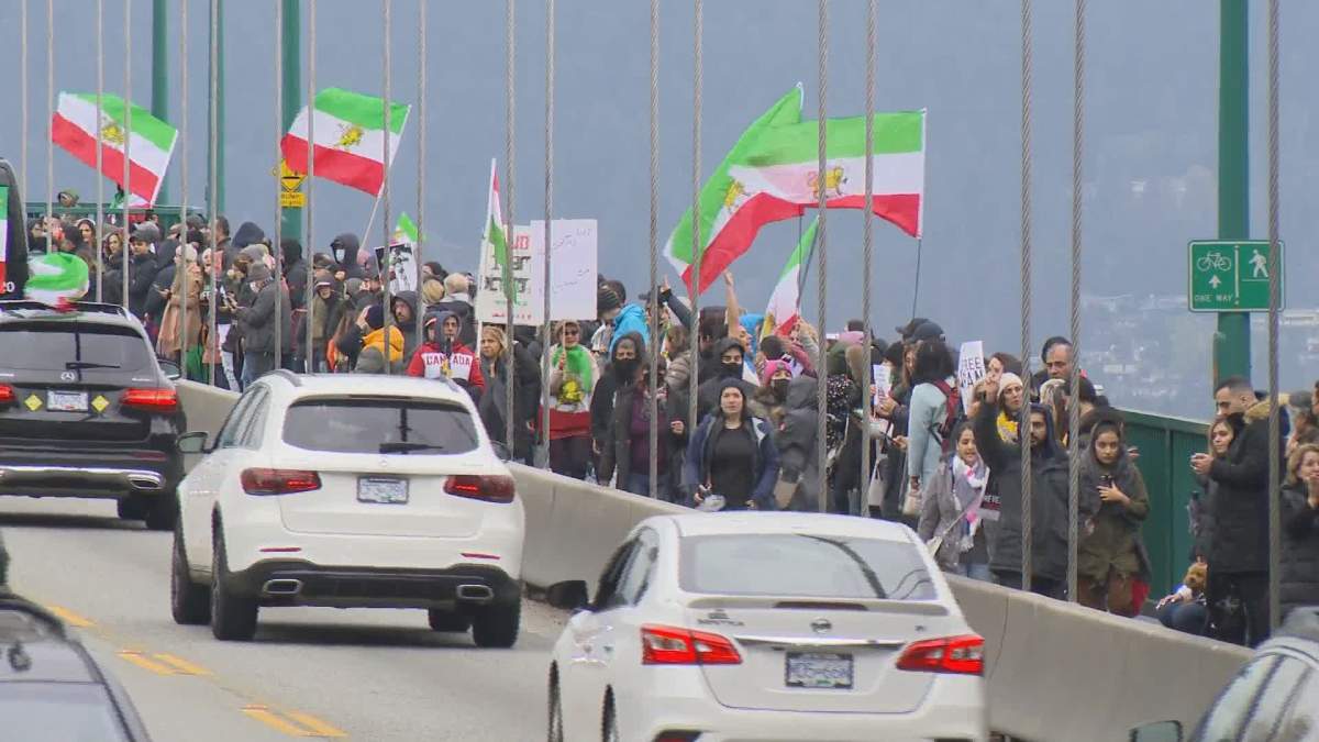 Thousands of protesters were seen on the Lions Gate Bridge on Saturday.