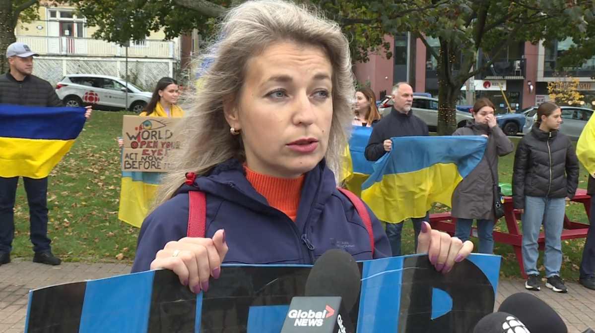 Tetiana Yaremchuk speaks at the rally for Ukraine in Halifax on Oct. 15, 2022.