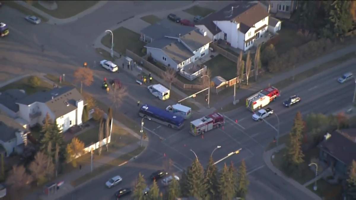 An Edmonton Transit Service bus and a Jeep collided at the intersection of 57 Avenue and Lessard Road in west Edmonton on Monday, oct. 17, 2022.An Edmonton Transit Service bus and a Jeep collided at the intersection of 57 Avenue and Lessard Road in west Edmonton on Monday, Oct. 17, 2022.