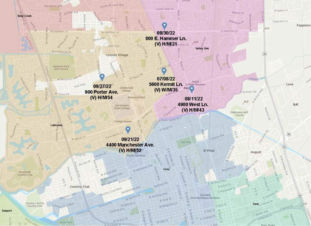 Image provided by the Stockton Police Department showing the locations of five murders that occurred between July and Sept. 2022 that may have been carried out by a serial killer.